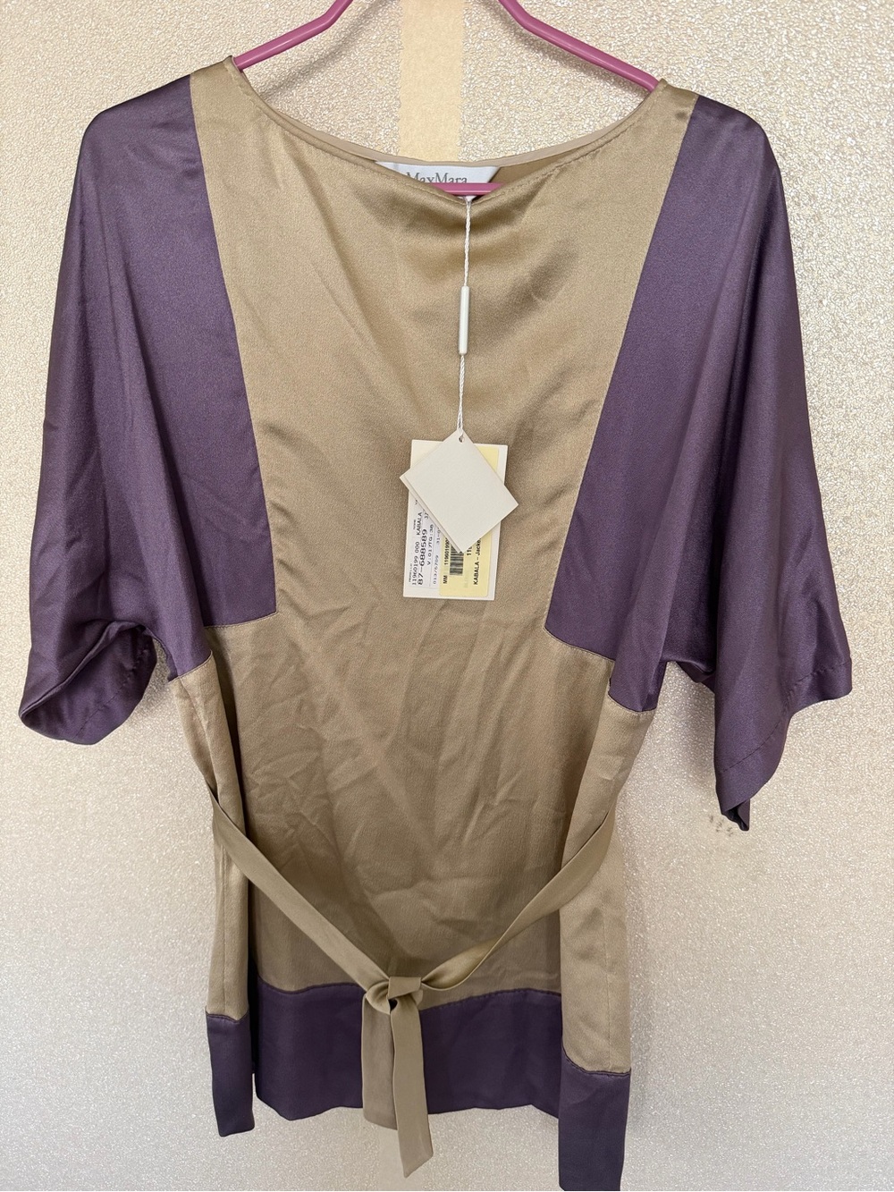 NWT MaxMara Taupe and Plum Colorblock Silk Blouse Top